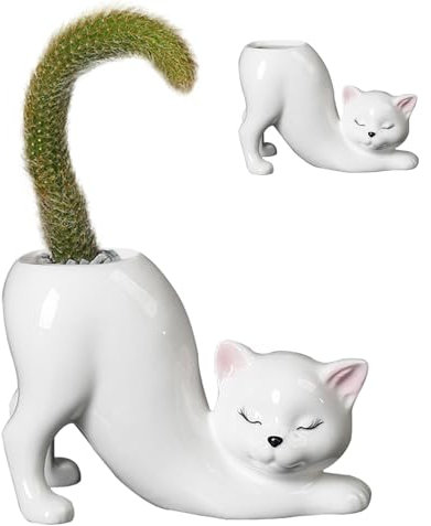 Yulokdwi Cat Planter For Indoor Plants, Cat Tail Flowerpot, Ceramic Tailless Cat Succulent Pots, Cat Cactus Planter, Animal Home Decor Plant Pot Holder, Decorative Planter For Indoor Plants