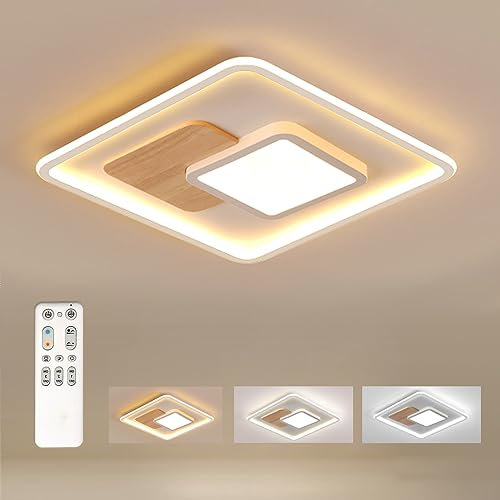 FitzMia Quadrat LED Deckenleuchte, Deckenlampe mit Holz, Deckenlampen Dimmbar mit Fernbedienung,Moderne Holz Deckenlampe für Schlafzimmer Kinderzimmer Wohnzimmer Küche(51.5 * 51.5CM 50W)