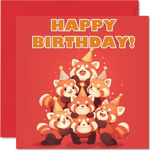 Stuff4 Roter Panda-Geburtstagskarte für Sie und Ihn, Partytier-Pyramide, Happy Birthday Karte für Mutter, Vater, Bruder, Schwester, Tante, Onkel, Cousin, Freund, Familie, Kollegen, 145 x 145 mm