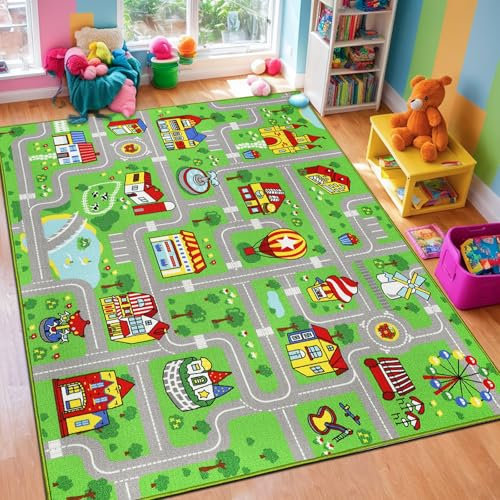 Capslpad Kinder Teppich 150x200cm rutschfest Grün Kinder Spielteppich Waschbar Stadt Straße Kinderteppich Kurzflor Spielmatte Pädagogischer Spielteppich für Mädchen Kinderzimmer Spielzimmer