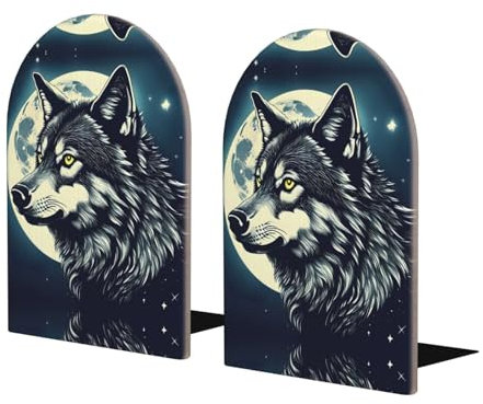 Lot de 2 serre-livres en bois avec motif loup et lune nocturne, serre-livres pour étagères, serre-livres très résistants pour bureau, maison
