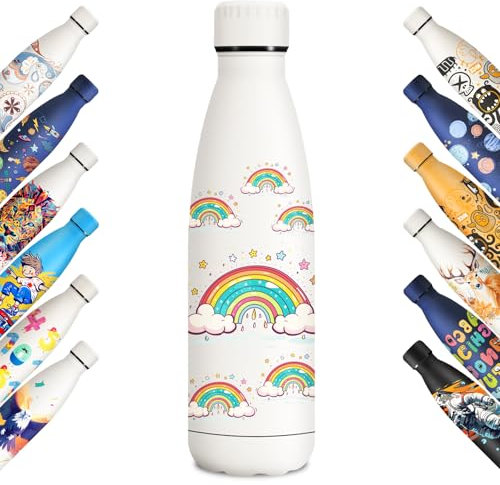 KollyKolla Trinkflasche 500ml, Thermosflasche mit Muster, Isolierflasche BPA-Frei Auslaufsicher, Vakuum Thermosflasche, Wassflasche für Sport, Erwachsener, Kinder, Fussball, Uni, Regenbogen-Weiß