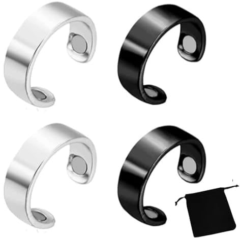 COZERI Lymphdrainage Ring 4 Stück Verstellbare Magnetringe Für Männer Und Frauen, Therapeutischer Magnetring Aus Kupfer, Magnetische Lymphentgiftungsringe (2 Silber+2 schwarz)