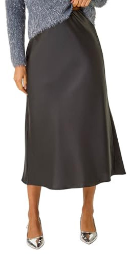 Roman Originals Satin Bias Cut Midi Skirt for Women UK - Ladies Everyday Holiday Spring Summer Silky Comfy Soft Evening Vacation Work Party - Noir - Size 14