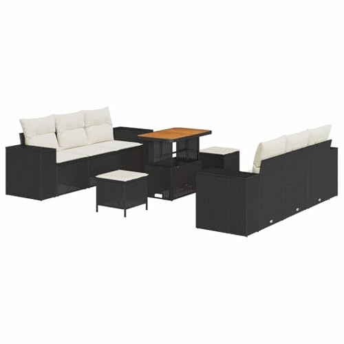 vidaXL 9-teiliges Garten-Sofa-Set mit Kissen in Schwarz aus Poly-Rattan und cremeweißen, modularen Outdoor-Sitzmöglichkeiten für Terrasse und Balkon. Möbel für Lounge-Dekor.