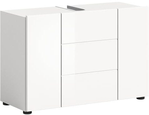 furnling Waschbeckenunterschrank Vera, weiß Hochglanz, 3 Türen, 4 Fächer, Waschtischunterschrank mit Siphon-Ausschnitt, Front mit Rillenfräsung, Breite 82 cm