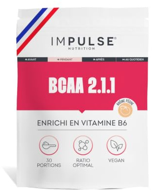 Impulse Nutrition - BCAA 2.1.1 Saveur Pêche - Acides Aminés - 240g | Réduction Fatigue - Vitamine B6, 7g BCAA par Dose, Ratio Optimal 2.1.1 - Vegan - Sans Arôme Artificiel - Fabriqué en France