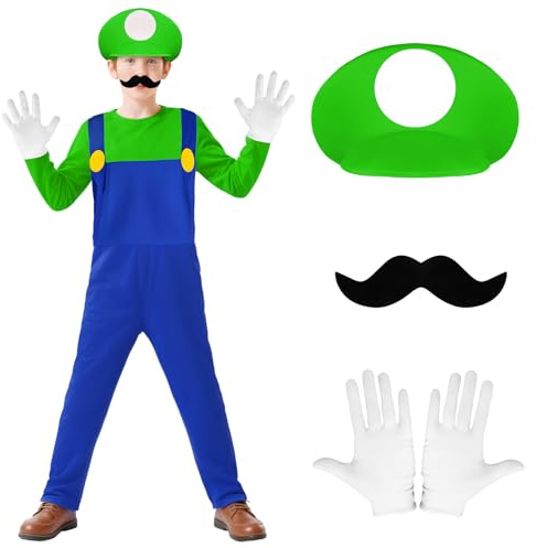 BSBUY Cosplay Kostüm Kinder 4PC Super-Brothers Luigi Cosplay mit Hat Hose Bart Handschuhe Super-Brüder Wario Waluigi Kostüm Set Outfit Kostüm Jungen für Halloween Karneval Party Child Costume (Grün,S)