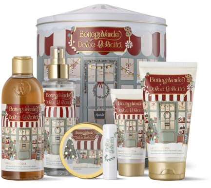 Bottega Verde - Cofanetto Regalo Dolce Felicità Carillon, con Bagnodoccia 250 ml, Latte Corpo 150 ml, Crema Mani 30 ml, Balsamo Labbra, Body Mist, Burro Corpo, Idea Regalo