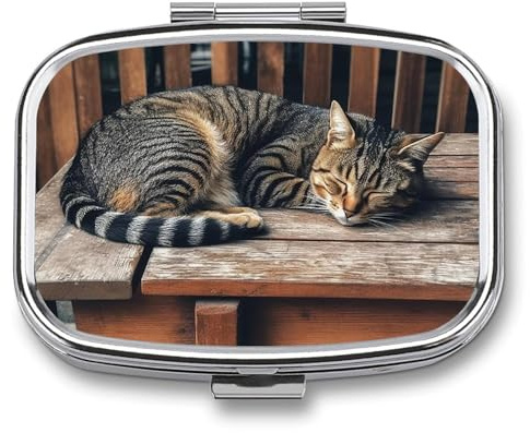 Pillendose mit 3 Fächern, runde Pillendose zum Organisieren von Katzen, die auf Holzbank schläft, Pillendose aus Metall, wasserdicht, Medikamenten-Organizer, Box für Reisen, Pillenbehälter