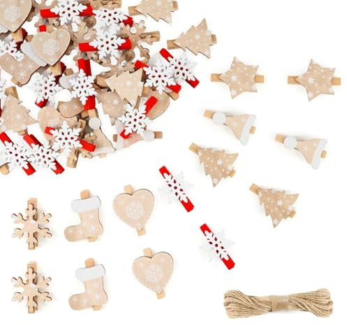 lafo 71 Stück Weihnachten Holzklammern, Mini Dekoklammern für Fotos und Adventskalender, Kleine Holz Wäscheklammern für Weihnachtsdekoration