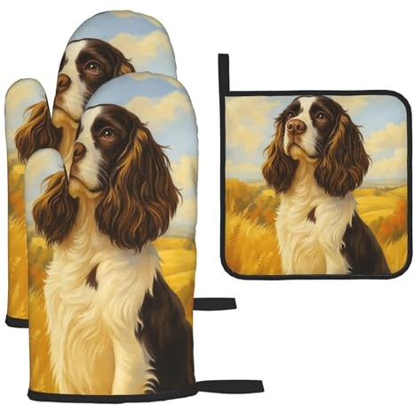 Adorable Springer Spaniel Oven Mitts and Pot Holders 3pcs Set Heat Resistant Kitchen Gloves