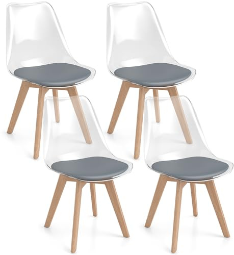 FANTASK Esszimmerstühle 4er Set, transparente Küchenstühle mit Massivholzbeinen & gepolsterter Sitzfläche, Skandi Stühle ergonomisch bis 150 kg, für Küche, Büro & Waschtisch, Grau