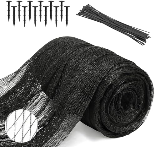 Lwuey Filet Anti Oiseaux Noir 4x6m, Protection Jardin Maille 15x15mm | Kit Complet Comprenant 12 Piquets et 30 Attaches pour Protéger Potager, Semences, Fraisiers, Cerisiers et Arbres Fruitiers