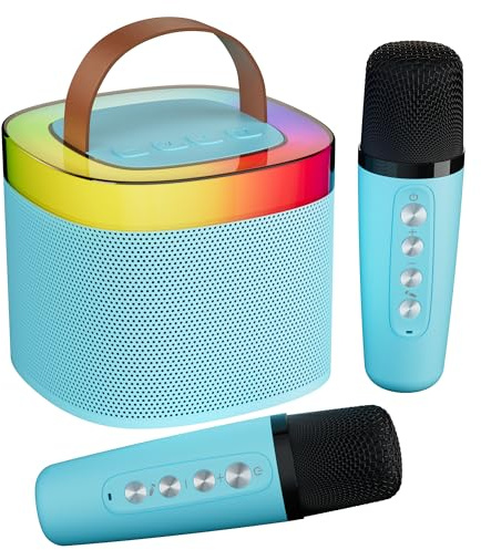 Aplsinvivi Portable Bluetooth Karaoke Machine,Mini Speaker with 2 Wireless Microphones,Microphone with 5 Voice Changing Effects & LED Light, Gifts for Girls Ages 3-12 +Year Old Birthday Party, Blue