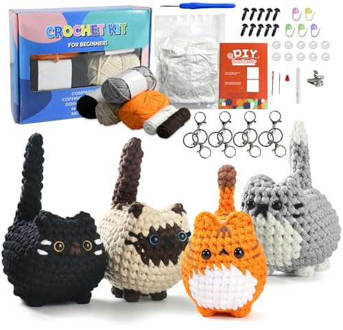 Heckel Set, Häkelnadel-Set für Anfänger mit 4 Schlüsselringen, Häkeln Für Anfänger Häkelset Tiere, Anfänger für Erwachsen, Häkelset Vier Süße Gehäkelte Katzen, für DIY-Handarbeiten mit Häkelnadeln
