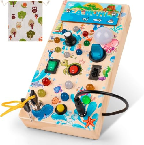 Facarler Planche Busy Board, Montessori en Bois avec 8 Interrupteurs et 19 LED, Jeu Montessori Cadeau Bébé 2 3 4 Ans, Motricité Bébé Jouet éducatif Sensoriel pour Garçons Filles