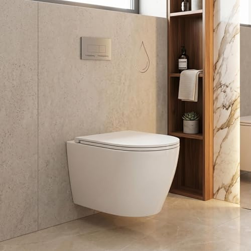 GarveeMore Spülrandloses, wandhängendes D-förmiges Keramik-WC, Modernes, Softclose-Absenkautomatik, effiziente 360° Spültechnik, platzsparend, Für gewerbliche Nutzung, Vollverkleidet, extra flach