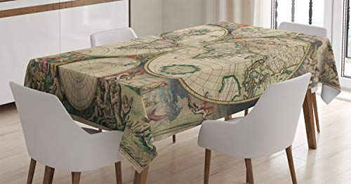 ABAKUHAUS Weltkarte Tischdecke, Antike Vintage Kunst, Für den Inn und Outdoor Bereich geeignet Waschbar Druck Klar Kein Verblassen, 140 x 170 cm, Mehrfarbig