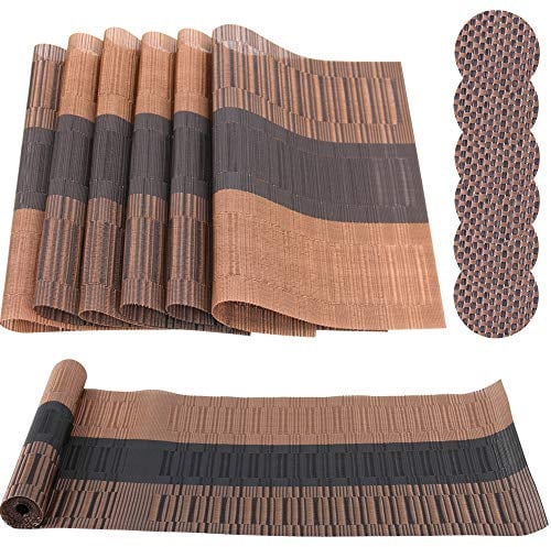 Time to Sparkle 13 PCS Vinyl Woven 6pcs Placemats + 6pcs Coasters+ 1pc Tablecloth Anti-Slip Table Mat Waterproof Heat Resistant Table Mat Decoration (Placemat+Runner-Brown Bamboo)
