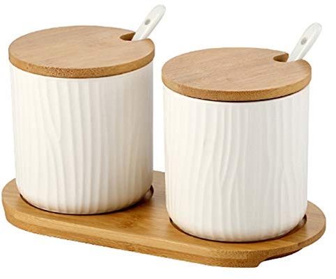 OnePine Juego de 2 Azucarero, azucarero de cerámica azúcar Pot con Tapa de bambú y Cuchara, Cocina