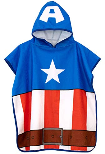 Marvel Handtuch | Captain America Badeponcho Jungen Mit Kapuze | Avengers Badeponcho Kinder | Superhelden Poncho Kinder | One Size | Blau