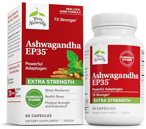Terry Naturally Ashwagandha EP35 Extra Strength - 60 Capsules - Powerful Adaptogen - Non-GMO, Vegan - 60 Servings