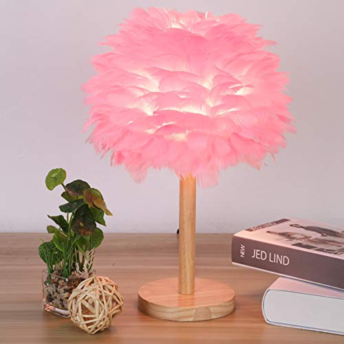 Lampes De Table en Plumes Créatives Nordiques, Lampe De Table en Plumes Naturelles pour Chambre De Princesse Garçons Et Filles, Abat-Jour en Plume De Lampe De Table De Chevet,Rose