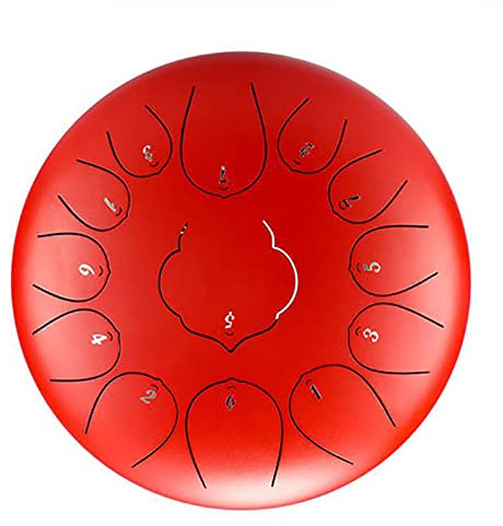 GKZJ Zungentrommel 11 gegen 13 Tone 12 Zoll,Stahl-Zungentrommel Hand Pan Schlagzeug Instrument mit Trommelschlägeln Note Sticks Musikbuch,Für Meditation Yoga Musiktherapie,12 inch 13 Tone-Chinese red