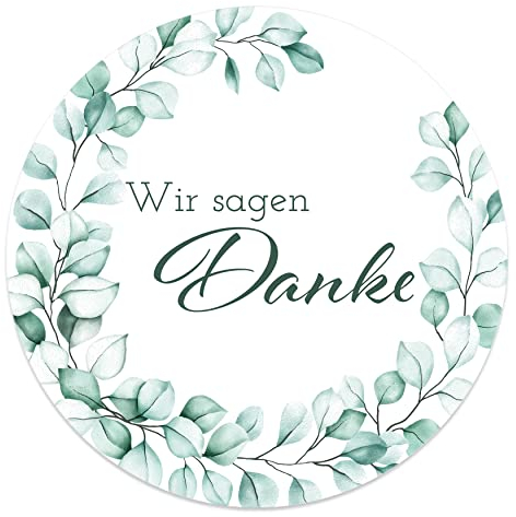 Danke Aufkleber rund 4,5 cm - Wir sagen Danke Sticker ideal für Hochzeit, Geburtstag, Dankeskarten & Give Aways (20x Stück, Eukalyptus Kranz)