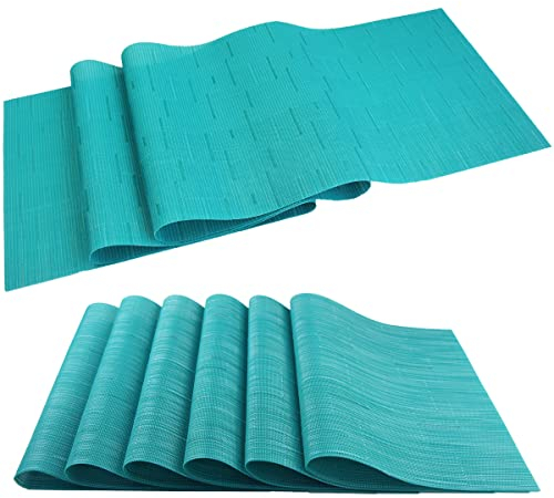 pigchcy Elegant Placemats with Matching Table Runner,Durable Cleaning Placemats for Dining Table Sets(6pcs Placemats+1pcs Table Runner,Same Style, Turquoise)