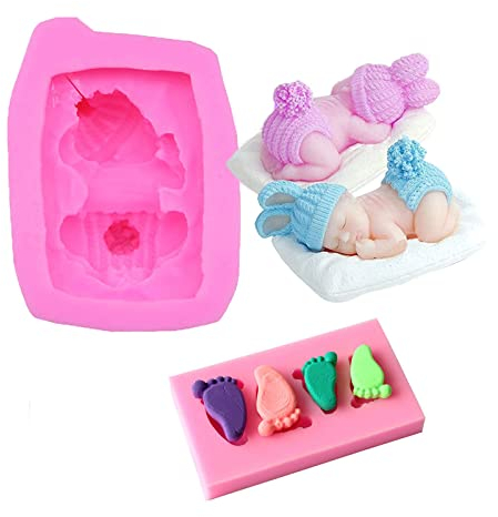 Lhdfyqt Moule de Bébé Sommeil 3D, Moule Forme bébé Empreinte, Moule Fondant En Silicone Bébé 3D, Pour Noël, fête d'anniversaire, desserts, décoration de gâteau (2 pièces)