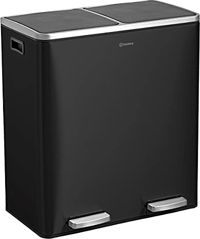 Homra Mülleimer 60l Quickx | Tretmülleimer Küche 2x30 Liter | Treteimer aus Edelstahl | Abfalleimer mit Inneneimern | Trennsystem 2 Fach | Mülltrennsystem | Papierkorb | Softclose | Schwarz