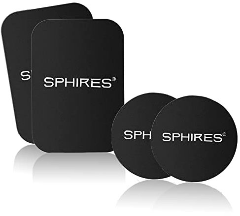 SPHIRES 4 Pack Metal Plate for Magnetic Phone Car Mount 2 X Round and 2 X Rectangular Metal Plate for Car Magnetic Phone Holder (Black With Hole) (4x Sphires)