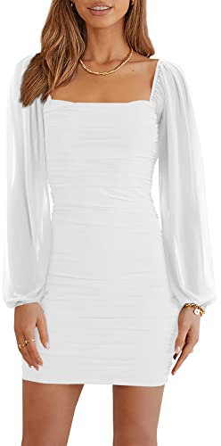 Wenrine Women's Dress Mesh Long Sleeve Square Neck Party Dress Ruched Club Cocktail Bodycon Mini Dress(White,XL)