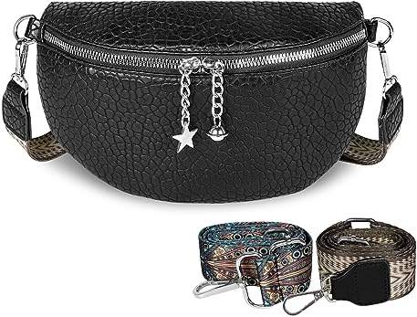 Geestock Bauchtasche Damen Veganes Leder Crossbody Bag Damen, Stylisch Kleine Tasche Umhängetasche Damen mit 3.6cm breitem Gurt (Schwarz)