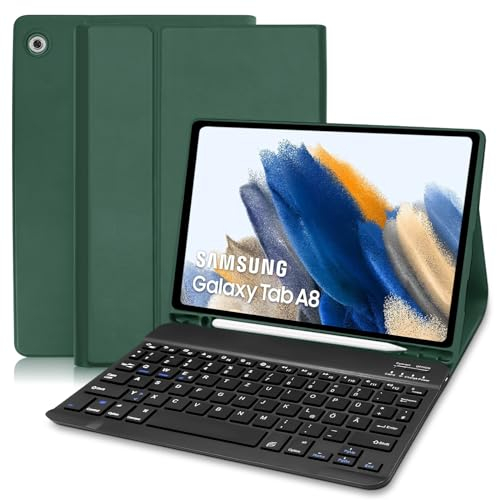 Hülle mit Tastatur für Samsung Tab A8 - Schutzhülle mit Pencil Halter Wireless Abnehmbare Tastatur (Deutsches QWERTZ) für Samsung Galaxy Tab A8 10.5 2022 (SM-X200/X205/X207),Dunkelgrün