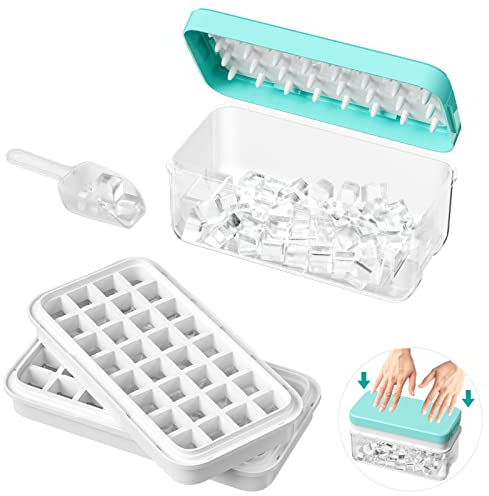 Relota Bac à Glacon Bleu, Bacs à Glaçons Silicone Peu Encombrant avec Couvercle et Pelle, Moule à Glaçons de 64 Grilles de Glaçons sans BPA, pour Whisky, Cocktail, Glaces, Boissons