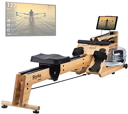 Skandika Wasserrudergerät Styrke Premium | Made in Germany, Rudergerät Wasser aus Holz, Kinomap App-Funktion, Rudermaschine für Zuhause, Massive Esche aus Deutschland, naturnahes Rudern, bis 180 kg