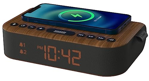 i-box Wecker mit kabelloser Aufladung, Nachttisch-Radiowecker Stereo-Bluetooth-Lautsprecher, kabellose QI-Aufladung mit USB-Ladeanschluss, Dual-Alarm, FM-Radio