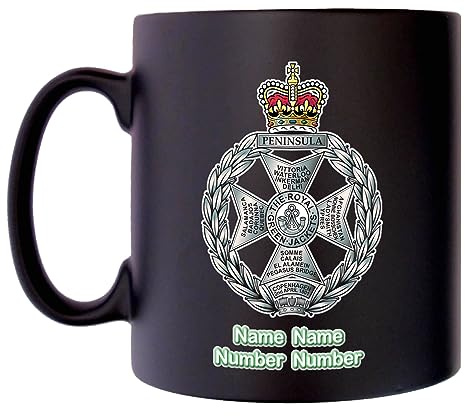 The Royal Green Jackets Mug with Personalise Option Image of Military Emblem Flag Crest Insignia MOD Official Product Coffee Tea 10oz Black Satin Klassek Gift Present