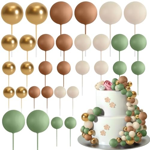 ASTARON 32 Pz Palla Cake Topper Mini Palloncini Cake Topper Bastoncini Palline di Schiuma Scelte per Torta Palline Decorazioni per Torte per Matrimonio Festa Compleanno (Verde Marrone Oro)