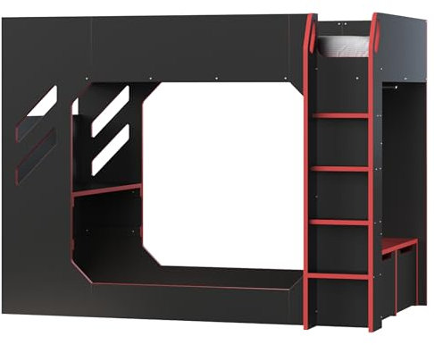 Flair Furnishings Recoil - Single High Sleeper Bed for Kids, Gaming Bed with Desk and LED Lighting, Heavy Duty and Sturdy, TV Compatible, Space-Saving Design (Black)