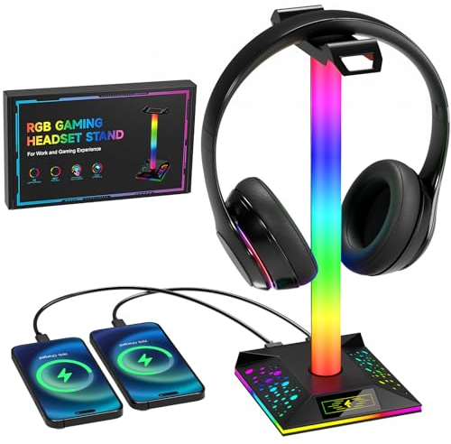 Xergur Gaming Headphone Stand PC Accessories - RGB Headset Stand with 2 USB Charger, Cool LED Headphone Holder PC Gaming Accessories Gift for Boys Men Gamers, Computer Game Hardware for Desk