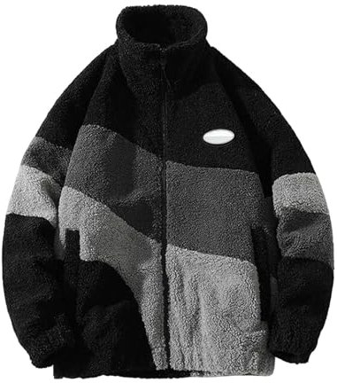 SKFLABOOF Herren Damen Patchwork Stehkragen Teddy Jacke Sherpa Fleecejacke Aesthetic Stuff Y2K Clothes Winter Warm Teddyfleece Jacken Mantel