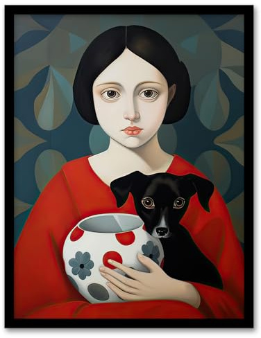 Artery8 Few of My Favourite Things Girl with Puppy and Vase Artwork Framed Wall Art Print A4
