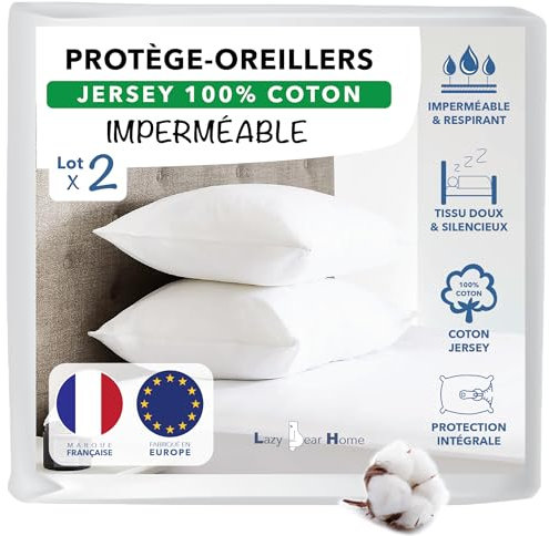 Lazy Bear Home | Protège Oreiller 65x65 Lot de 2 Imperméable | Surface Douce Jersey 100% Coton, Hypoallergénique, Anti acarien, sous-Taie Oreiller 65x65 | Marque Française, Fabriqué UE