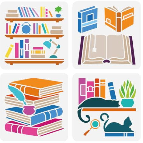 FINGERINSPIRE 4 Stück 4 Stile Bücherregale Schablone Zum Malen 15x15 cm Bücher Schablone Buch Schreibtisch Schablone Tagesthema Schablone Zum Malen An Der Wand Holz Büro Studie Bibliothek Wanddekor