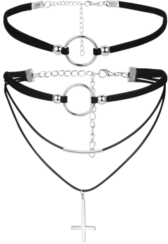 JewelryWe Samt Choker Damen Kette: Schwarz Leder Velvet Halsband mit O-Ring Umgekehrt Upside Down Kreuz Petruskreuz Anhänger Geschichtet Verstellbare Halskette Gothic Choker Kette 90er Deko