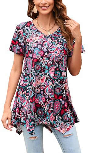 Enmain Camiseta Mujer Manga Corta Top Túnica Larga Cuello de Pico Blusa Elegante y Cómoda Talla Grande Tops Estampadas T Shirt para Mujeres,Rosa,XL